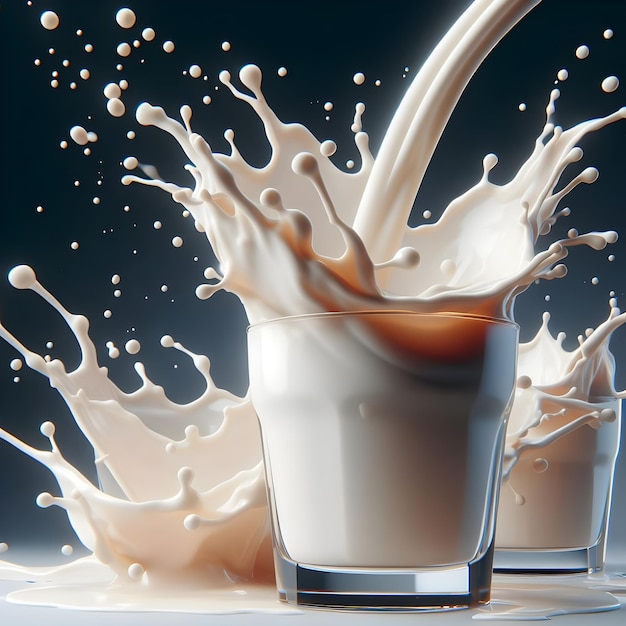 Photo 3d realistic milk plashing effect with liquid pouring down in glass