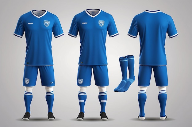 Photo 3d realistic mock up of front and back of blue soccer jersey tshirt with pants and socks