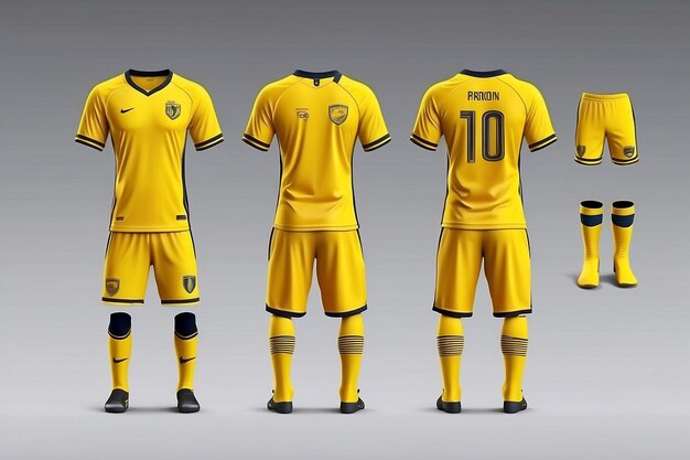 Photo 3d realistic mock up of front and back of yellow soccer jersey tshirt with pants and socks