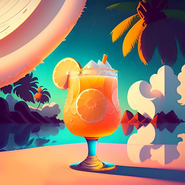 3D Realistic Summer Fresh Orange Cocktail With Illustration Background