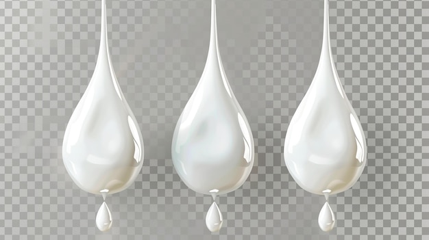 Photo 3d realistic white cream droplet set liquid cosmetic drop of clear coconut oil closeup illustration isolated on transparent background glossy yoghurt melt leaking drip collection