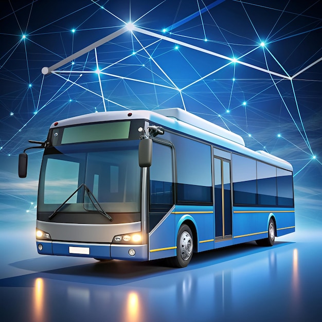 3d Realstic Electric Technology Bus for communication blue background with networking