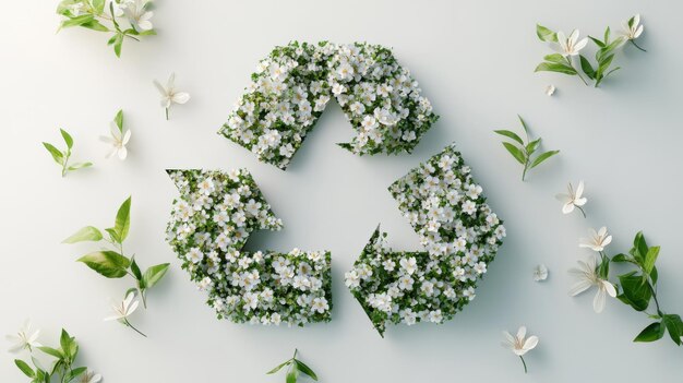 Photo a 3d recycling icon decorated with some little tiny white flowers and green leaves aesthetically ple