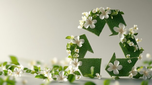 A 3D recycling icon decorated with some little tiny white flowers and green leaves aesthetically ple