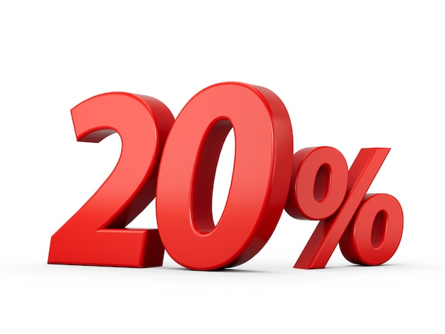 3d Red 20 Twenty Percent Sign on White Background 3d illustration