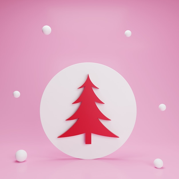 3d red christmas tree in white circle button in snowfall