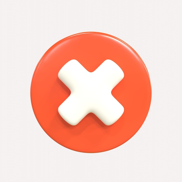 3D red cross check mark, cancel glossy round icon. Realistic render negative sign visualization.