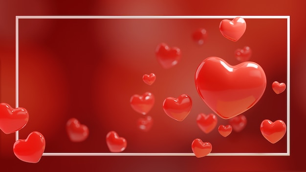 3D red heart on red background. 3D illustration with frame.