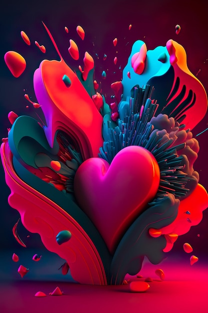 3D Red Heart, vibrant 3D objects, Colorful background, 3d heart render