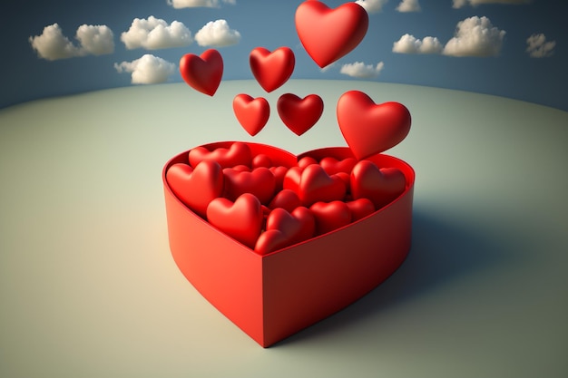 3D red hearts coming out from a heart shaped box on cloudy background