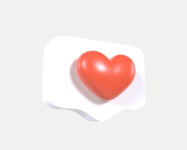 3D red like notification icon on pins flying. Realistic render heart emoji social speech bubble.