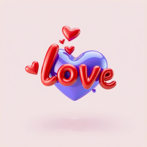 3D red Love with blue heart on a pink background