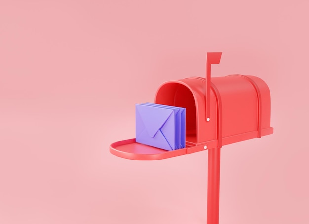 3d red mailbox with mail isolated on pink background mail delivery post office Sent mail message Read online message Mail icon Newsletter 3d rendering illustration minimal cartoon style