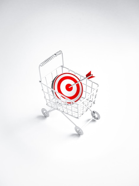 3d red target icon in the white shopping trolley cart supermarket isolated on white background vertical style Business goal management increase in sales and income target and marketing concepts