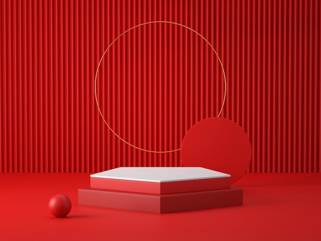 3d red and white podium on red room