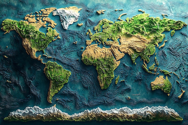 A 3D relief map of the world showcasing topographical features