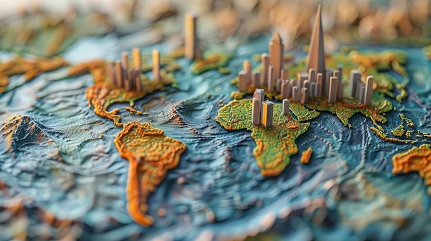 A 3D relief map of the world with major cities represented by buildings