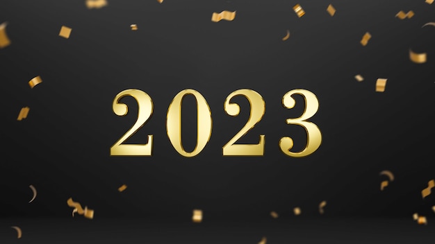 3D Render 2023 with gold confetti illustration. Happy New Year greeting card