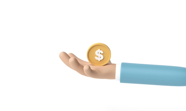 3D render 3D illustration Cartoon hand of businessman character holding a coin on white background Money business or financial operation concept