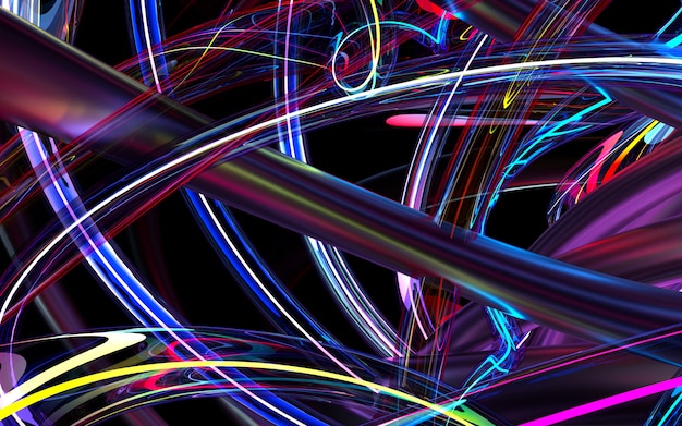 3d render of abstract art 3d background based on curve round wavy tubes in purple glass and pink metal materials, with glowing neon element