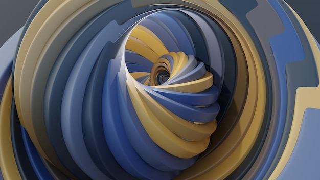 3d render of abstract art of surreal 3d lines in swirl infinity twisted round shape in blue yellow