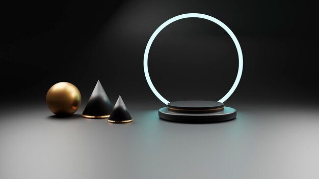 3d render, abstract background elegant black color inside the room with vacant podium for product presentation with a neon light ring in the background