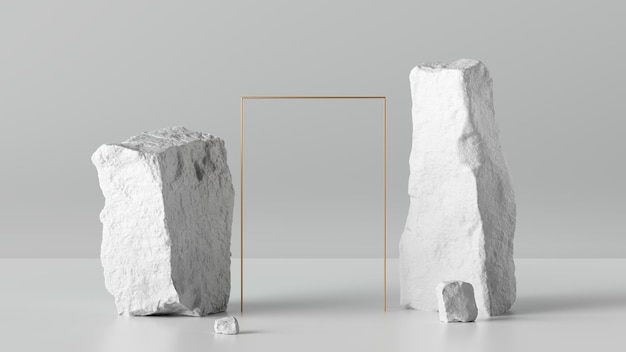 3d render abstract background with broken rocks cobblestones ruins and golden frame