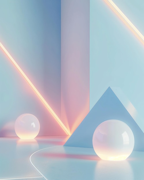 3D render of an abstract background with geometric shapes and neon lights