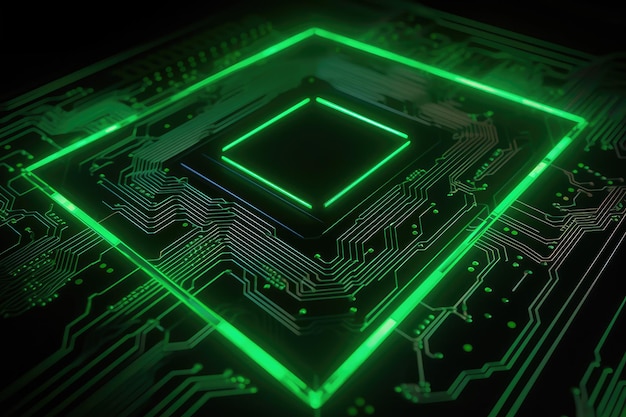 3d render abstract background with green microchip glowing