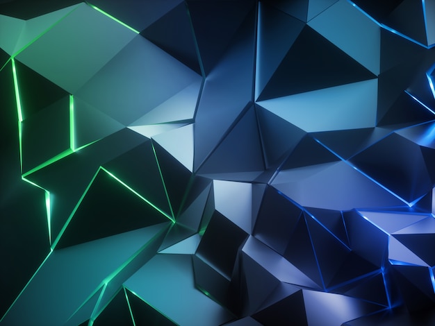 3d render of abstract black geometric background with polygonal mesh and green neon glowing light