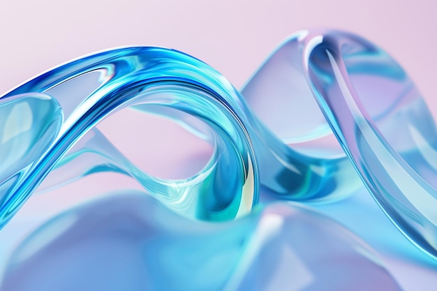 3D render of abstract blue glass curved shape on bright background