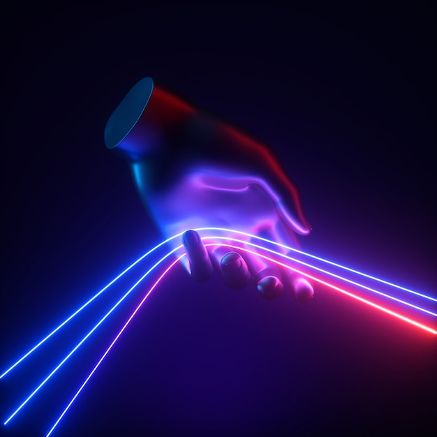 3d render, abstract blue red neon light concept, artificial hand holds glowing lines.