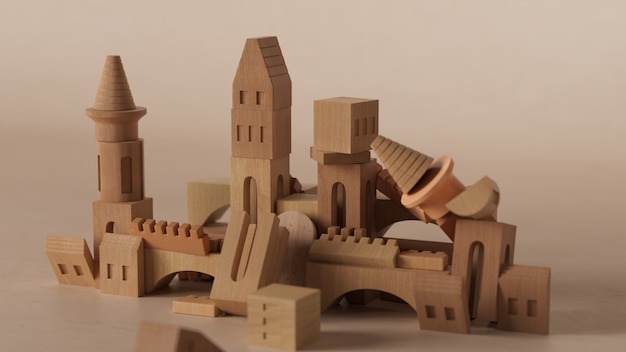 Photo 3d render of abstract castle. 3d render of wooden toy blocks structured in castle figure.