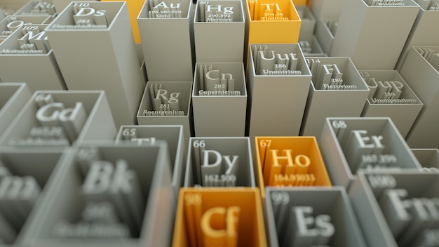 3d render abstract chemical background. Periodic table of elements. Mendeleev`s table fragment.