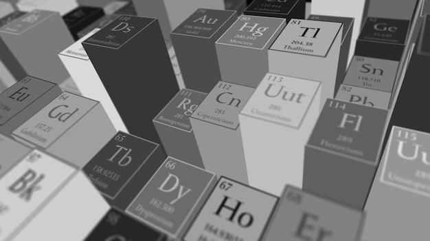 3d render abstract chemical background. Periodic table of elements. Mendeleev`s table fragment.