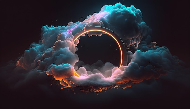 3d render abstract cloud illuminated with neon light ring on dark night sky Glowing geometric shape round frame generative ai