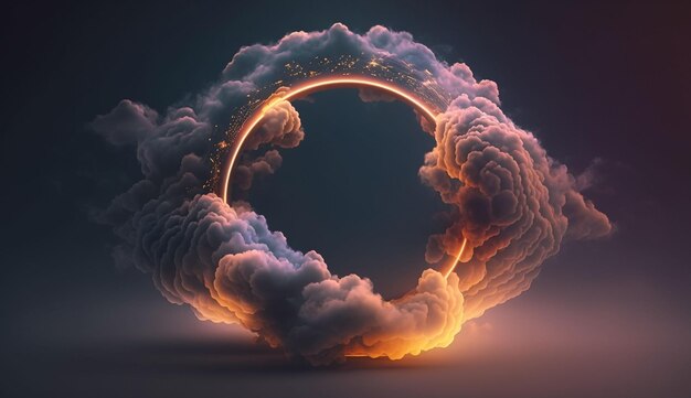 3d render abstract cloud illuminated with neon light ring on dark night sky Glowing geometric shape round frame generative ai