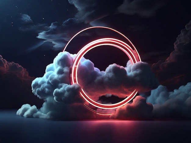 3d render abstract cloud illuminated with neon light ring on dark night sky Glowing geometric shape