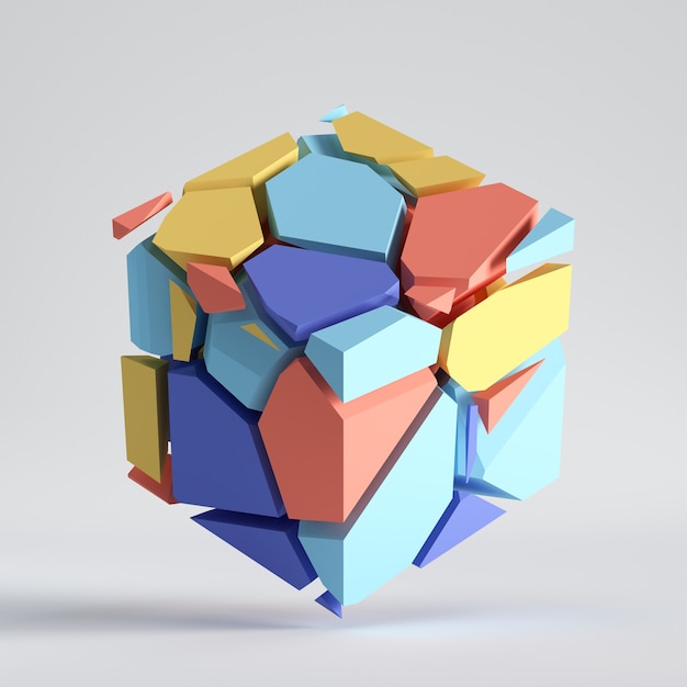 3d render, abstract colorful fragments, broken cube. Blue red yellow polygonal mosaic elements.