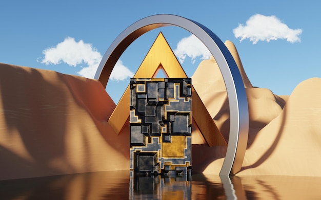 3D Render Abstract Dune cliff sand with metallic Arches and clean blue sky Surreal Desert landscape