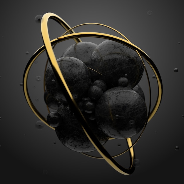 Photo 3d render abstract elements with metal circles around. marble and metal surfaces.