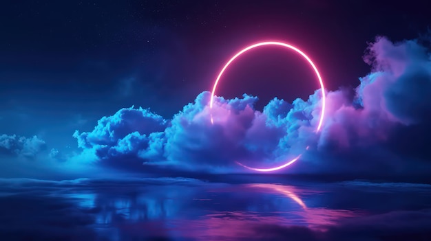 3d render abstract geometric background of colorful illuminated cloud and glowing neon linear circle