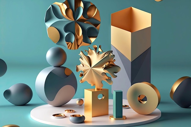 3d render abstract geometric background with shapes of different shapes on round pedestal generative ai