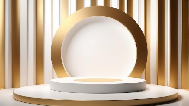 3d render of abstract geometric forms Glossy golden podium with round frame Fashion show stage