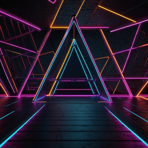 Photo 3d render abstract geometric neon background triangular shape colorful lines glowing in the dark