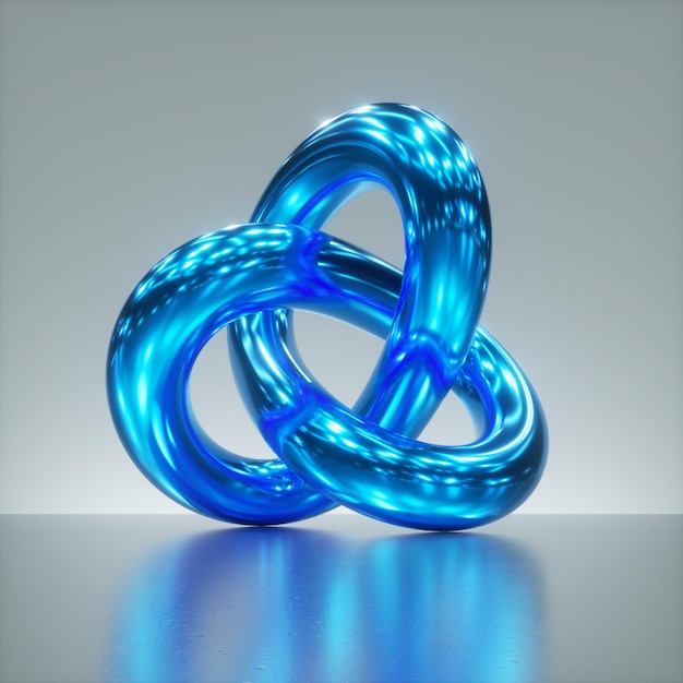 3d render abstract geometrical shape shiny metallic knotted torus inside white room