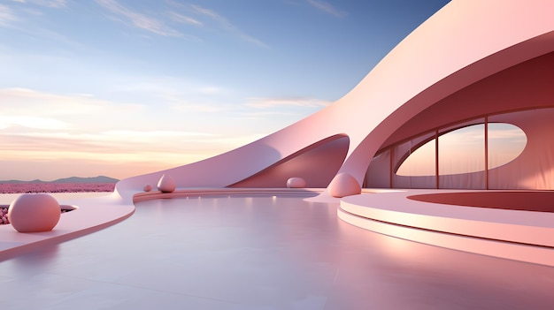 3d render of abstract interior Minimalistic room with pink wall and blue sky