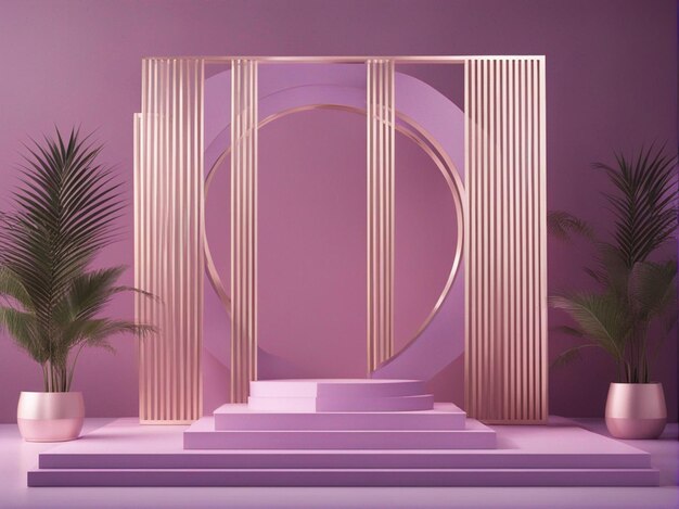 A 3d render of Abstract light violet podium with frame and palm leaf background