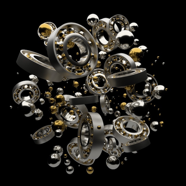 3d render abstract metallic background illustration. Metal bearings with random rotation and scale.