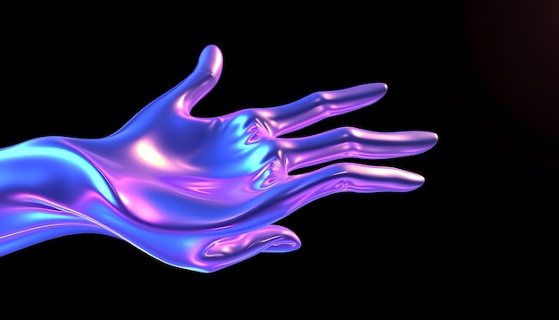 Photo 3d render of an abstract metallic liquid hand with a holographic effect on a dark background a